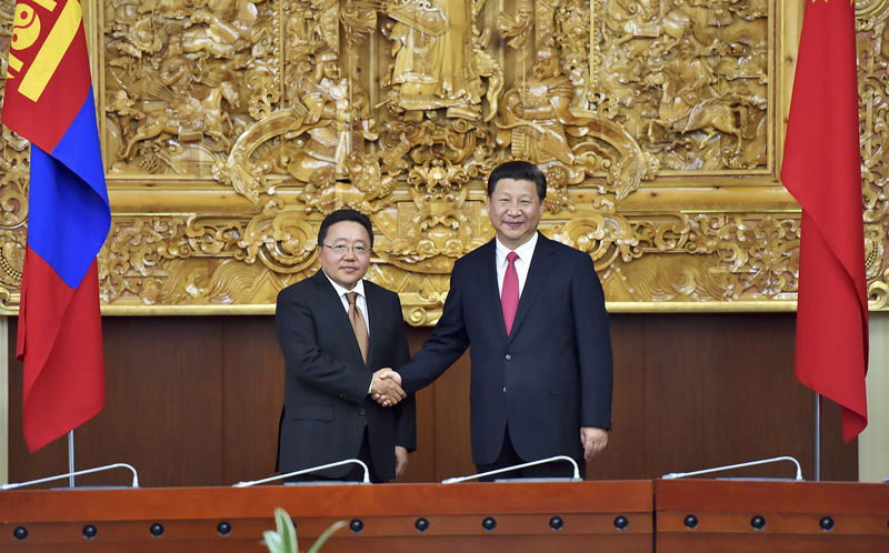 8月21日，國家主席習近平在烏蘭巴托同蒙古國總統額勒貝格道爾吉舉行會談。新華社記者 李濤 攝